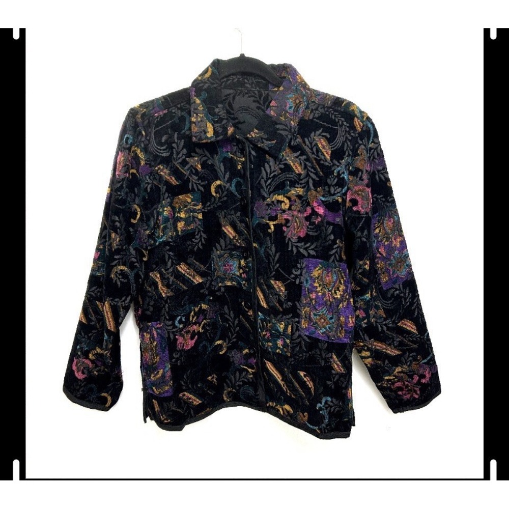 Coldwater Creek Jacket Reversible Tapestry Brocade Floral Black Purple M Whimsy